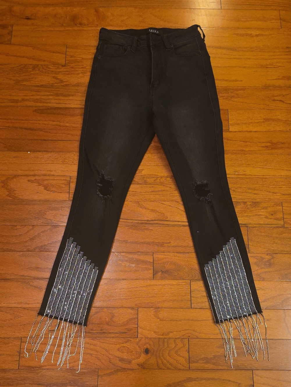Akira Black Skinny Jeans with Crystal Fringe Hem